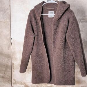 PINK Victoria's Secret Cozy Brown Hooded Sherpa Cardigan With Pockets.